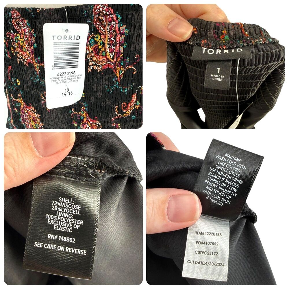Torrid Challis Smocked Top 1X 14 16 Black Paisley Floral Sweetheart Boho Crop - Picture 11 of 12